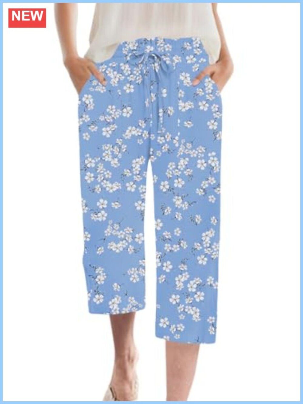 Womens Chiffon Wide Leg Capri Pants High Waist Drawstring Pleated